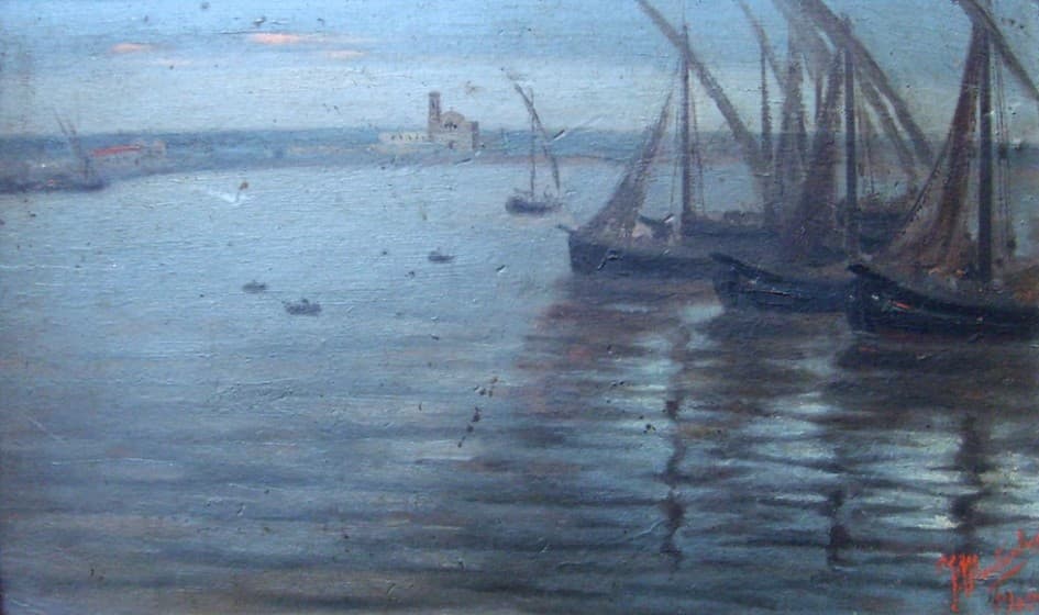 Seascape with Boats, Montecalvo F., 1902
